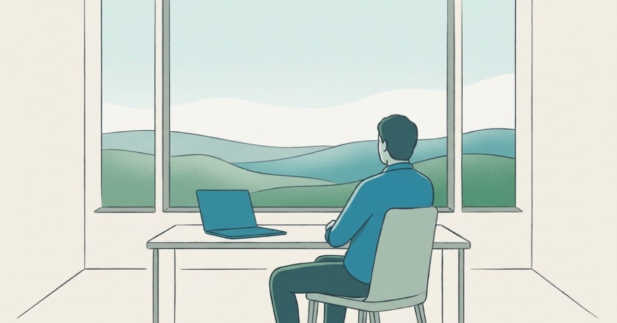 Social sharing image: a person at a desk looks out of a window at green hills, away from a laptop