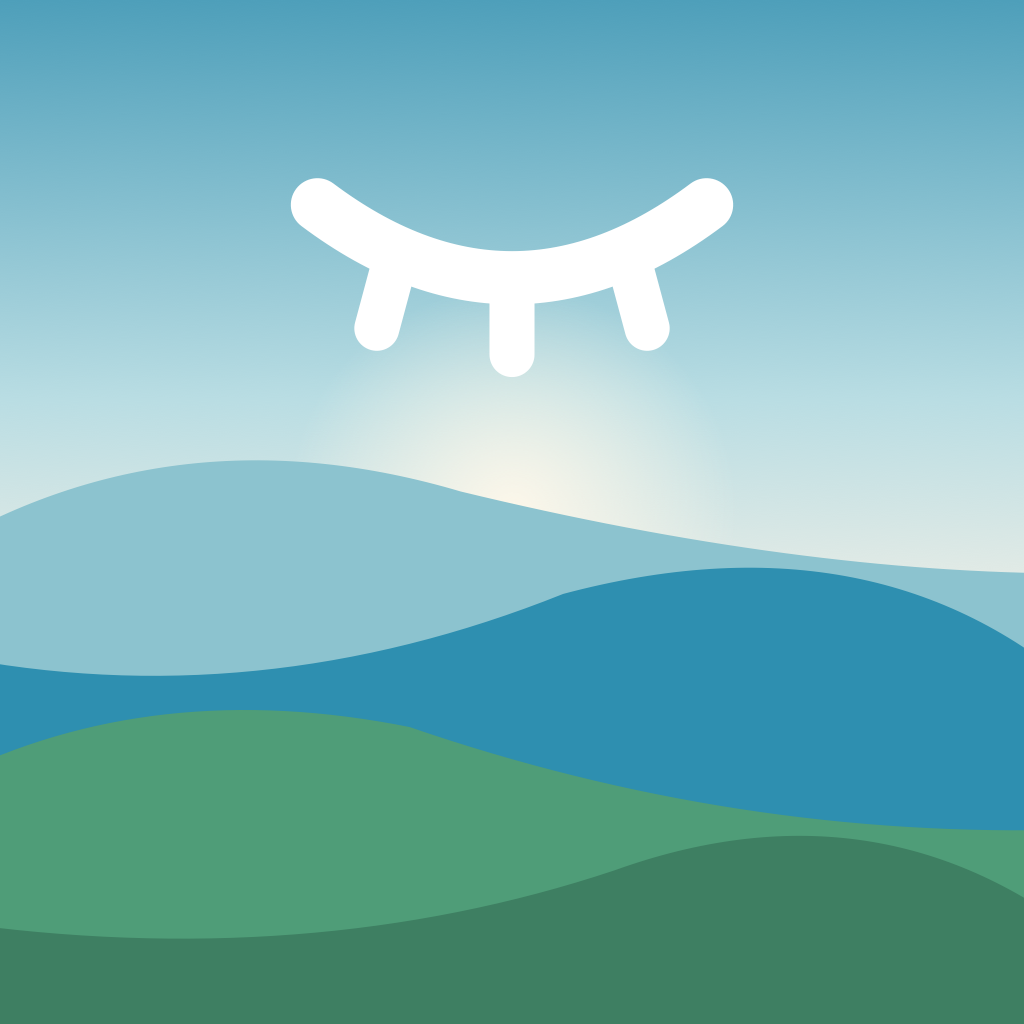 PausePace app icon for iPhone: a closed eye above rolling blue and green hills