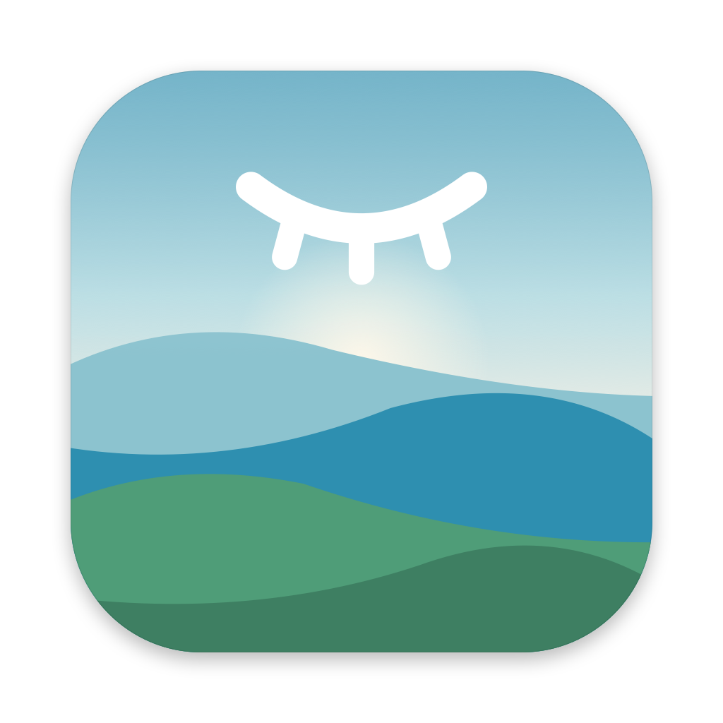 PausePace app icon for Mac: a closed eye above rolling blue and green hills